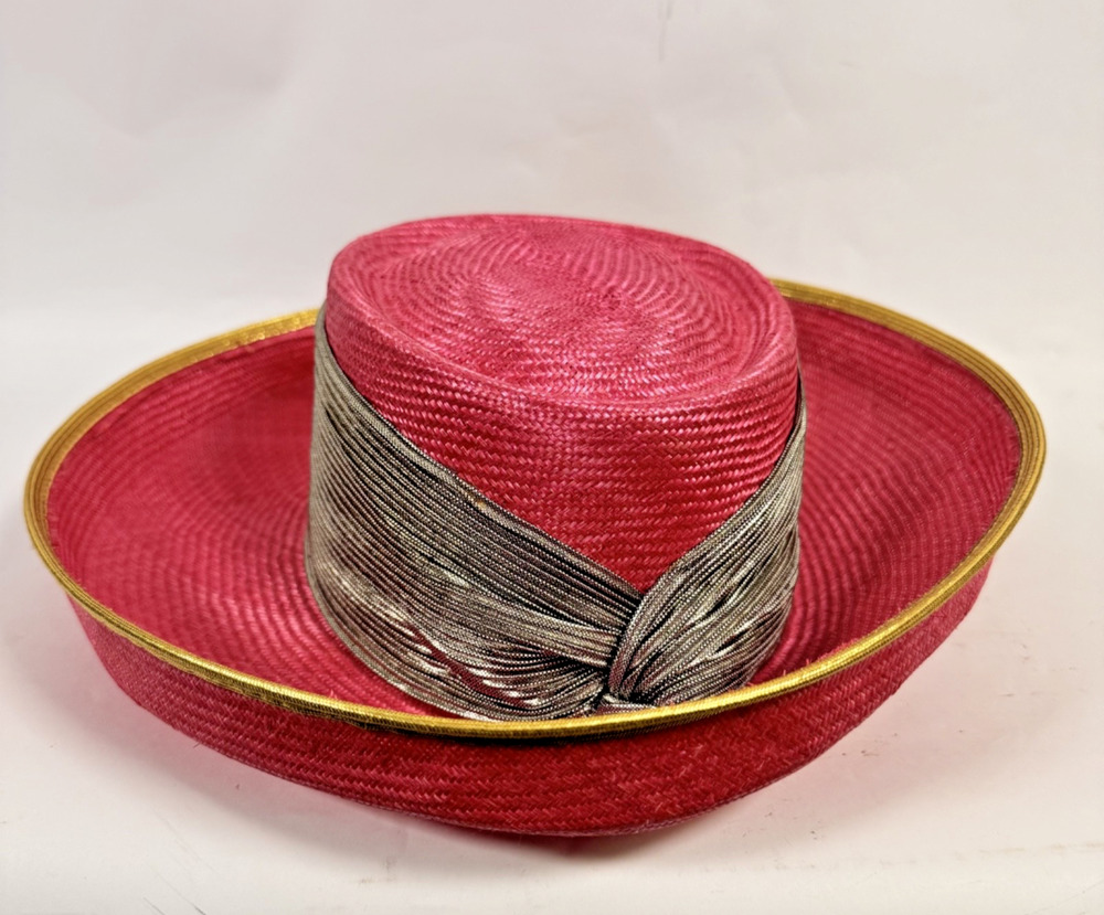 Vintage Whittall & Shon Red Straw Felt Church Derby Hat Gold Veil USA